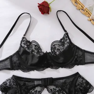 Detailansicht der zarten Stickerei und des durchsichtigen Netzstoffs an einem schwarzen Dessous-Set.