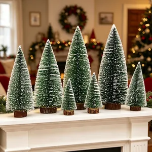Mini Artificial Christmas Tree Frosted Pine Snow Flocked Tabletop Ornament With Wood Base Green