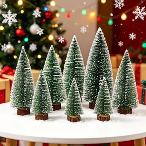 Mini flocked cedar Christmas trees with snow effect for festive tabletop decorations