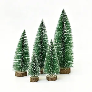 Set of 5 miniature snow-flocked Christmas trees with wooden bases for desktop decor