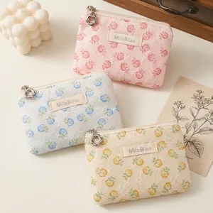 Floral Lace Cosmetic Bag Jacquard Texture Portable Travel Skincare Storage Pouch Zipper Closure Sweet Pastoral Style Women