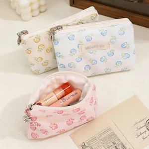 Elegant floral lace jacquard makeup bag and portable travel cosmetic organizer with zipper