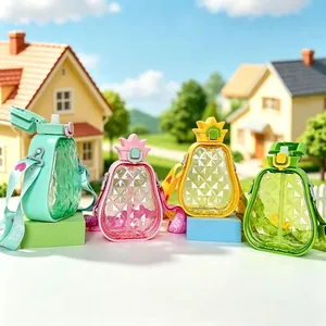 Pineapple Shaped Water Bottle With Straw And Adjustable Strap Portable Plastic Leakproof Drinkware For Children Outdoor