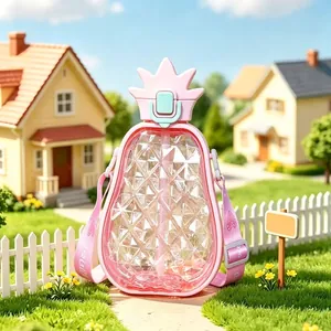 Portable pineapple shaped plastic water bottle with pink adjustable strap and straw