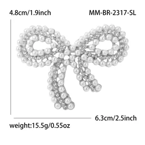 Broche élégante en perles et strass en forme de nœud pour mariage, taille 6,3x4,8 cm