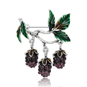 Vintage Alloy Rhinestone Grape Fruit Brooch For Women Antique Silver Enamel Leaf Elegant Jewelry Pin Clothing Accessory Gift