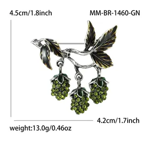 Elegant mulberry fruit branch brooch with green rhinestones and black enamel leaves
