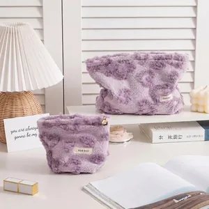 Plush Makeup Bag Heart Pattern Purple Fuzzy Sherpa Cosmetic Organizer Zippered Travel Portable Toiletry Pouch For Women