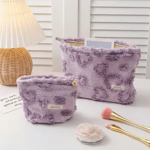 Soft fuzzy purple heart patterned cosmetic bag set with zipper and floral charm