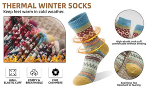 Detailed infographic of thermal winter socks with vintage ethnic pattern and cashmere feel