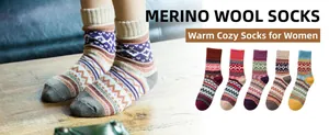 Close-up of thick merino wool socks with ethnic patterns in multiple colors