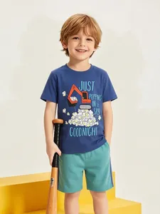 Boys Summer Cotton Short Sleeve T-Shirt and Shorts Outfit Cartoon Excavator Popcorn Print Casual Home Children Clothing