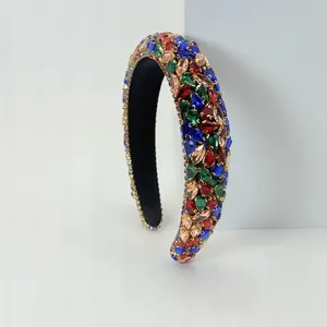 Luxurious Baroque padded headband encrusted with vibrant multi-color rhinestones for women