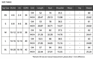 Detailed size chart for long sleeve casual patchwork solid color t-shirt for women.
