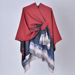 Elegante poncho scialle da donna rosso e blu con elegante dettaglio con lacci lat.