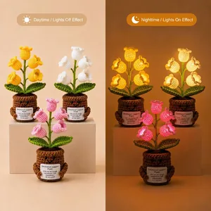 Crochet potted plants with emotional support cards showing day and night light effects