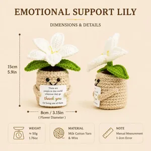 Handmade crochet emotional support lily plant with dimensions and material details.