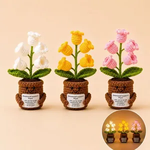 Handmade crochet emotional support potted plants with positive quote cards decoration