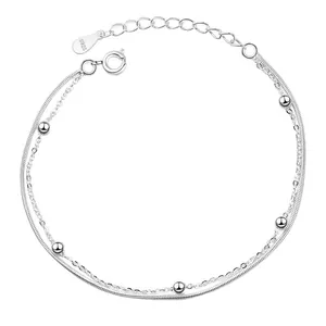 Double-layer S925 sterling silver snake chain bracelet featuring elegant smooth beads