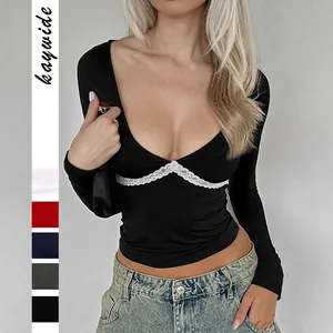Top Court Sexy Col En V Profond Manches Longues Femmes Dentelle Patchwork Y2K Coupe Slim Polyester