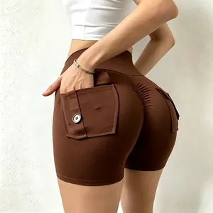 Short De Yoga Taille Haute Femmes Nylon Spandex Scrunch Lifting Fesses Poches Cargo Sport Fitness Gym Course Slim Fit