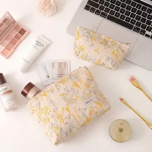 Trousse De Maquillage Broderie Florale Tissu Coton Lin Organisateur Cosmétique Portable Fermeture Éclair Voyage Rangement