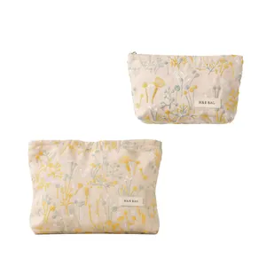 Trousse de maquillage brodée en coton et lin pour produits de beauté et toilette