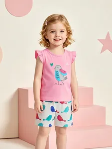 Kleinkind Mädchen Sommer Kleidung Set Rosa Rüschen Top Grau Vogel Druck Shorts 100% Baumwolle Kurzarm Outfit Für 2-7 Jahre