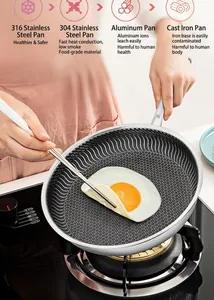 Close-up of a 316L stainless steel frying pan with non-stick honeycomb pattern frying an egg.