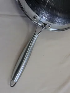 Detail shot of 316L stainless steel pan showing rivet handle and honeycomb surface.