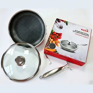 Premium 316L stainless steel honeycomb frying pan with glass lid and detachable handle