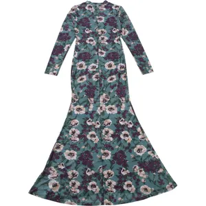 Elegante maxi-jurk met lange mouwen en bloemenprint in een gedetailleerde platte weergave