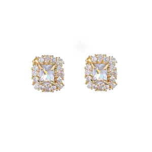 Elegant gold geometric stud earrings with emerald-cut central stone and zircon halo