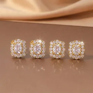 Vintage Rectangular Zircon 18K Gold Plated Stainless Steel Necklace Earrings And Adjustable Ring For Women Jewelry