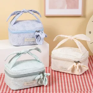 Sweet Korean 3D floral cosmetic bag with bow handle in macaron colors for travel