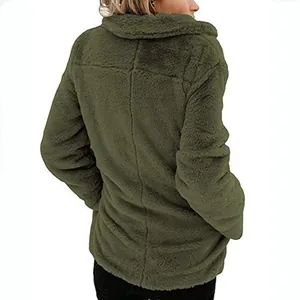 Stylish women's autumn army green faux fur cardigan jacket seen from the back view