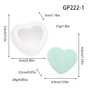 Hartvormige siliconen mal voor kaarsen met afmetingen 5,6x6x3cm en gewichtsinfo.