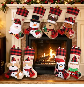 Detailed view of 8 rustic burlap Christmas stockings with 3D characters by a fireplace.