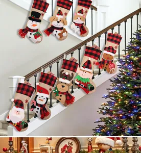 Eight Christmas stockings with various characters hanging on a white staircase railing