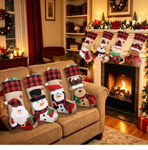Assorted set of 8 large burlap Christmas stockings with 3D plush holiday characters