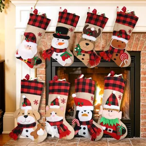 Set of 8 burlap Christmas stockings with Santa and animal designs for fireplace decor
