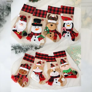 Set of 8 Christmas burlap stockings with Santa snowman reindeer and elf characters
