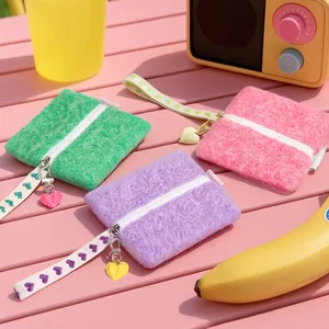 Cute Plush Coin Purse Mini Storage Bag With Heart Charm And Printed Wristlet Strap Zipper Pouch For Women