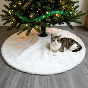 Plush white faux fur Christmas tree skirt with cat in a holiday home setting