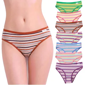 Women Panties Cotton Ribbed Striped Briefs Breathable Crotch Low Waist Soft Intimates Underwear For Ladies Colorful Underpants