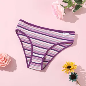 Colorful striped cotton ribbed women's low-waist briefs featuring a small brand tag