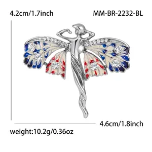 Detailed macro view of French retro angel wing brooch with enamel, crystals and measurements