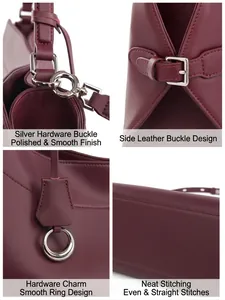 Premium burgundy leather shoulder handbag featuring silver hardware details and neat stitching