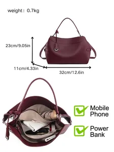 Elegant large capacity burgundy faux leather shoulder bag with dimensions and interior view