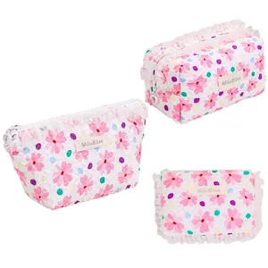 Set of 3 cute floral print cosmetic bags with lace trim for travel storage